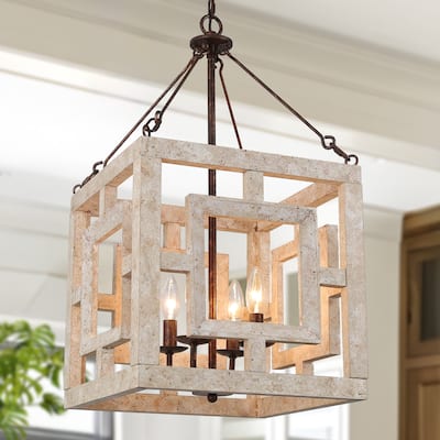 Modern Farmhouse 4-Light Pendant Wood Rustic Square Island Lights - W 13.5" x D 13.5" x H 26"
