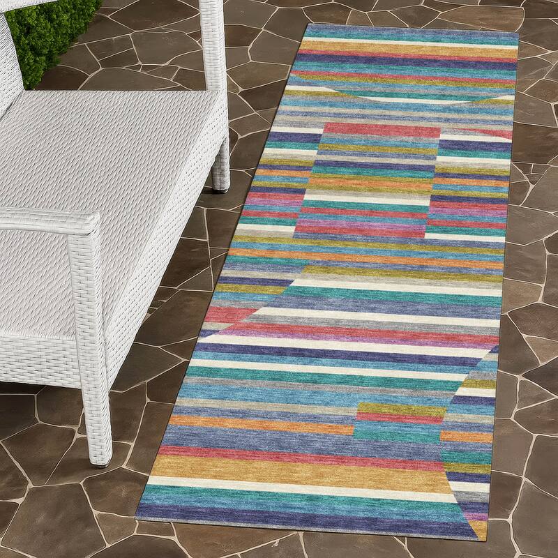Machine Washable Indoor/ Outdoor Modern Cokedale Chantille Rug - Teal - 2'3" x 7'6"