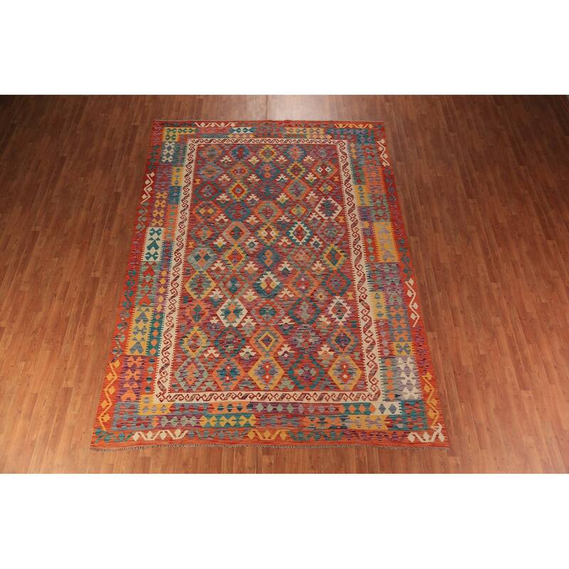 Geometric Kilim Area Rug Hand-Woven Orange Wool Carpet - 8'7"x 11'5"