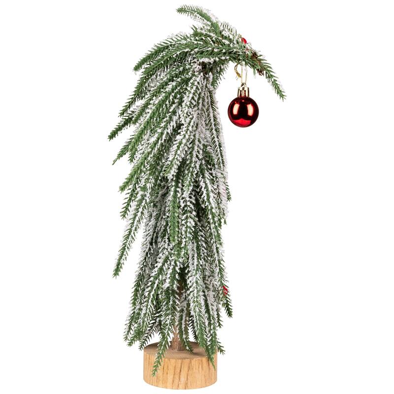 Flocked Curved Artificial Christmas Tree with Red Ornaments - 15"