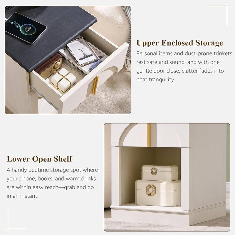 Modern Nightstand w/ Arched Panel, Bedside Table w/ Charging Station