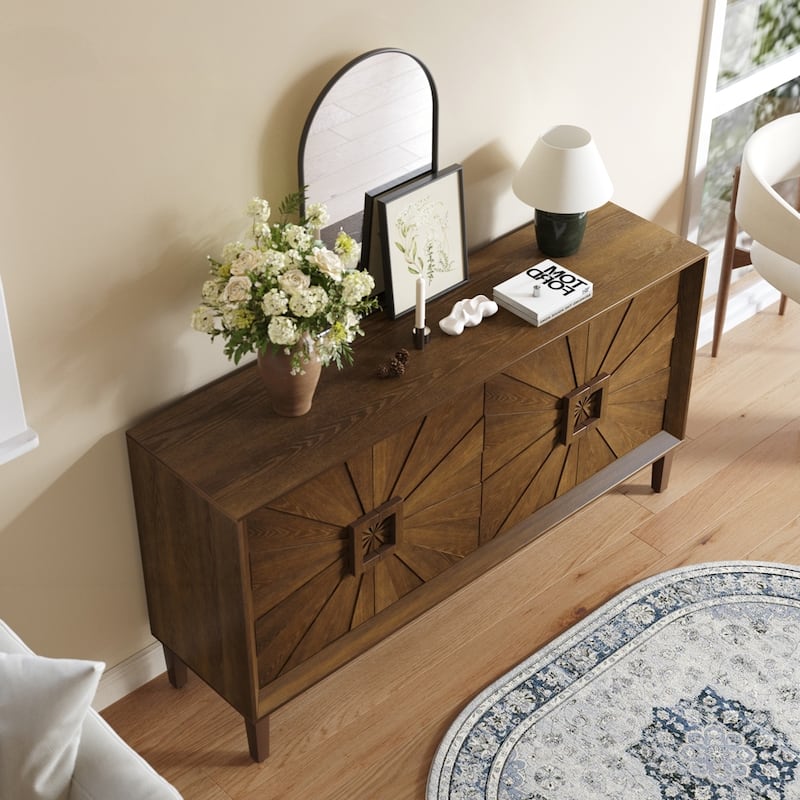 Carved Flower Door Large Storage Cabinet With Metal Handle