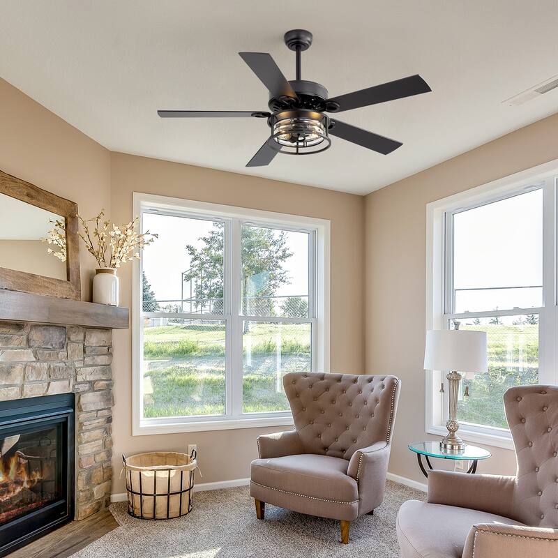 52-inch Reversible Wood 5-Blade Caged Ceiling Fan with Light and Remote