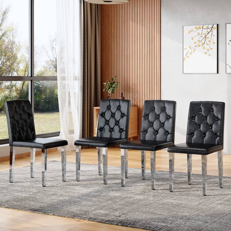 4-Pack Modern PU Dining Chairs with Ergonomic Buckle Backrest, Silver Metal Legs - Comfort & Style for Home & Commercial Use - Black+Silver