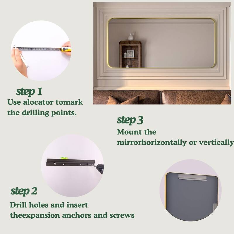 Organnice Rectangular Aluminum Framed Modern Rounded Wall Mount Mirror