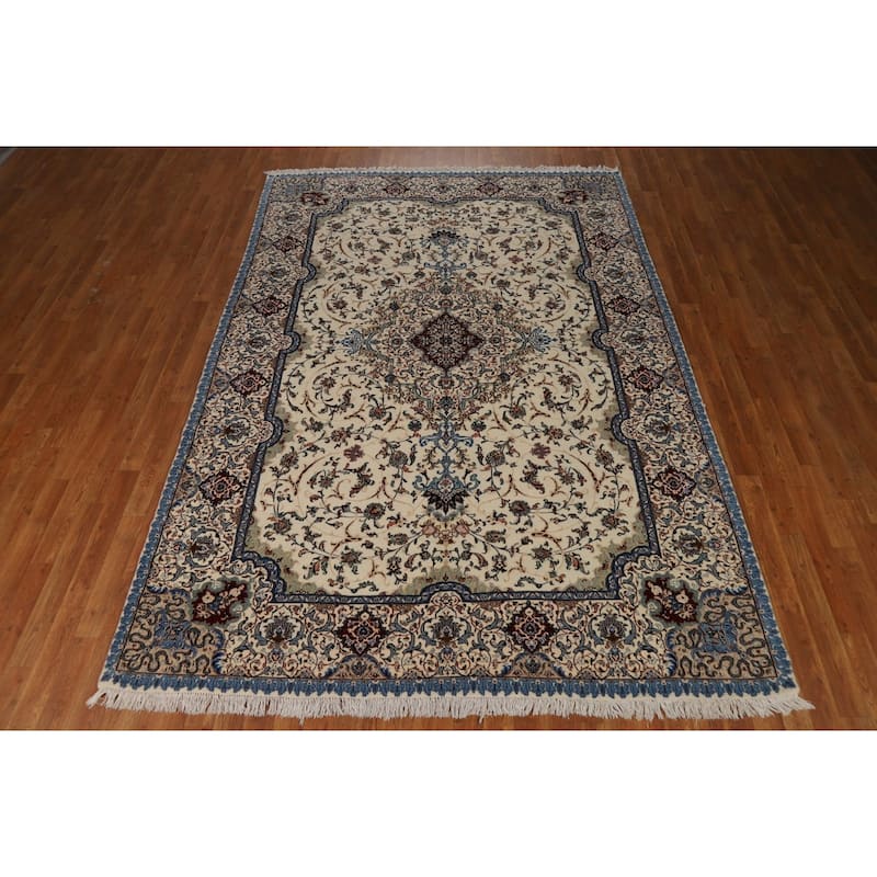 Ivory Floral Nain Persian Area Rug Handmade Wool Carpet - 6'8"x 9'10"
