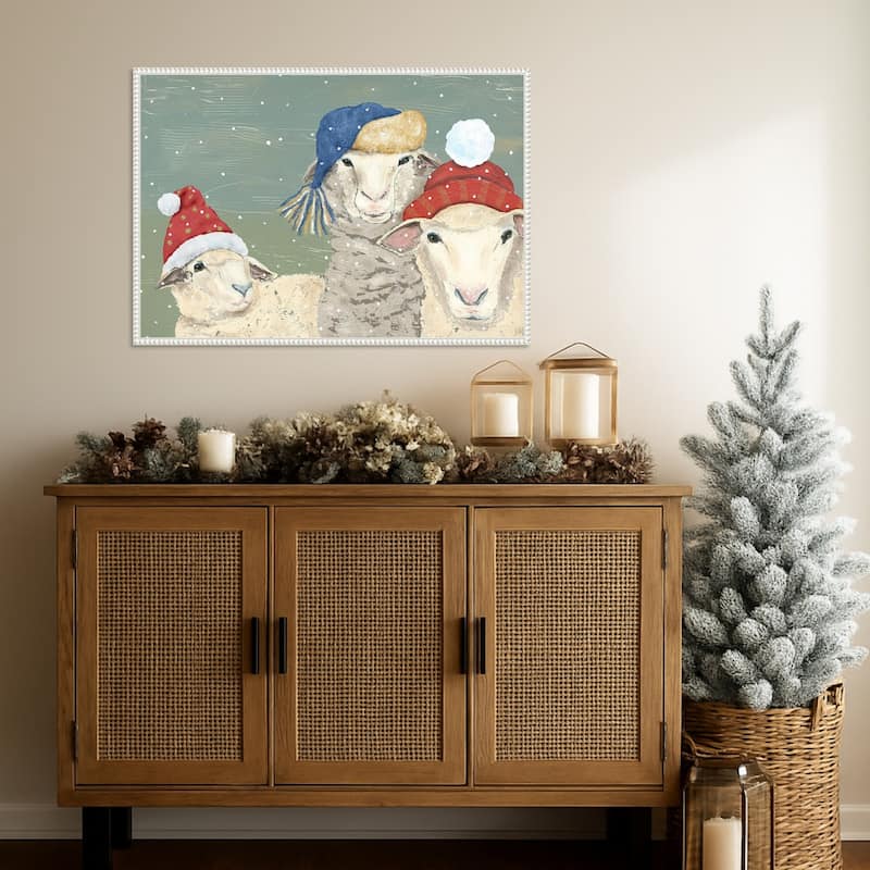 Sheep Xmas I by Jade Reynolds (33 x 23 in.), Framed Canvas Wall Art Print - Sylvie Beaded White