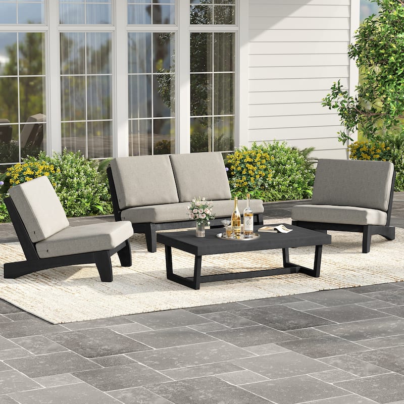 4Piece Wood Outdoor Loveseat Chair Conversation Set with Table Cushion