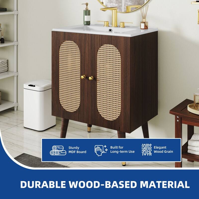 Moasis 24" Bathroom Vanity with Ceramic Sink, Rattan Double Door Cabinet and Drawer, Freestanding Solid Wood Legs