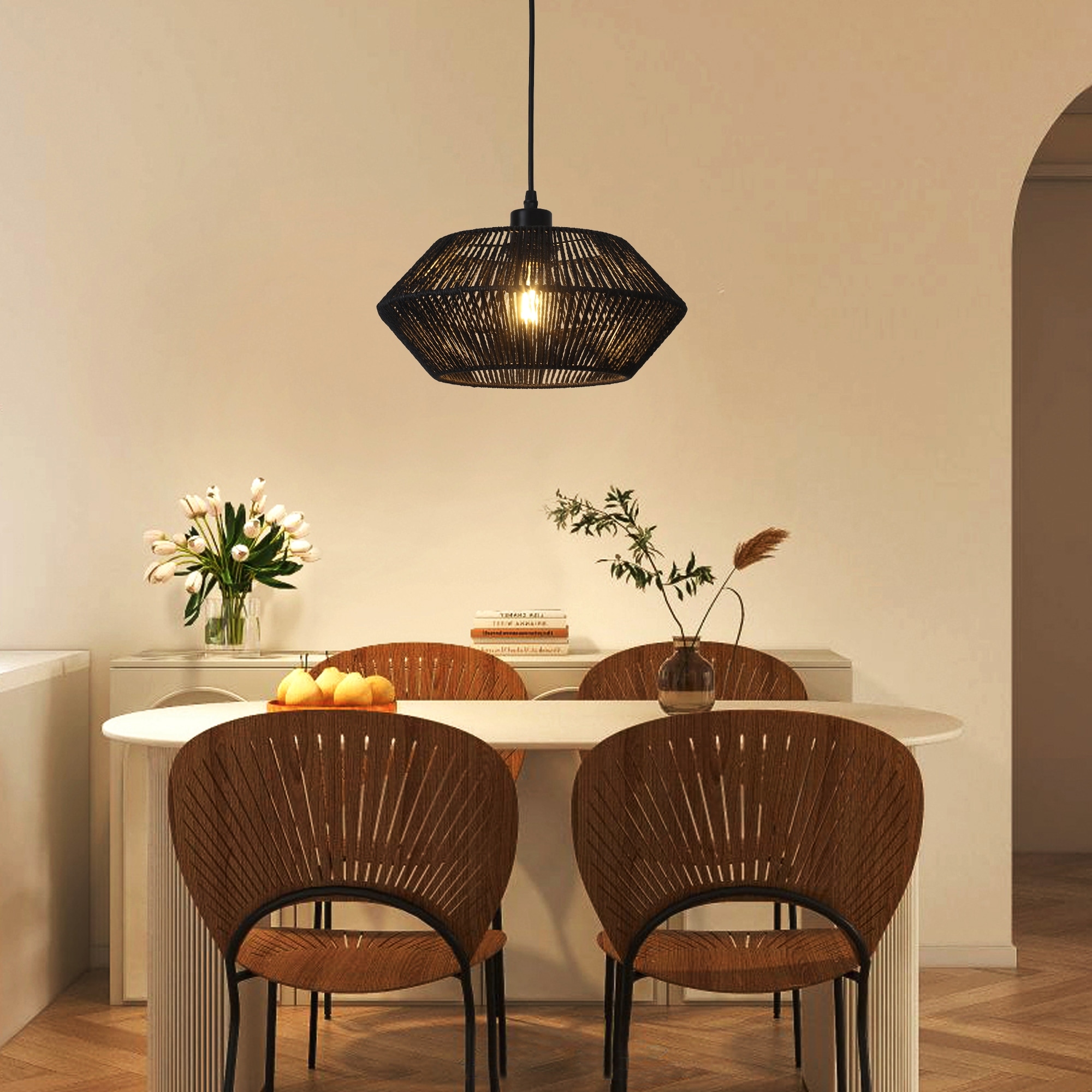 12" Modern Pendant Light Fixtures, Black Woven Pendant Light for Kitchen Island, Boho Rattan Ceiling Light