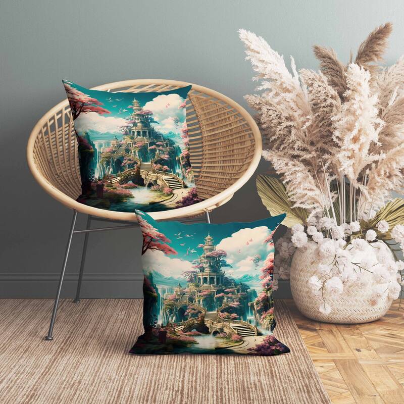 Wonderland Whispers Indoor/Outdoor Reversible Throw Pillow Cyan and Pink
