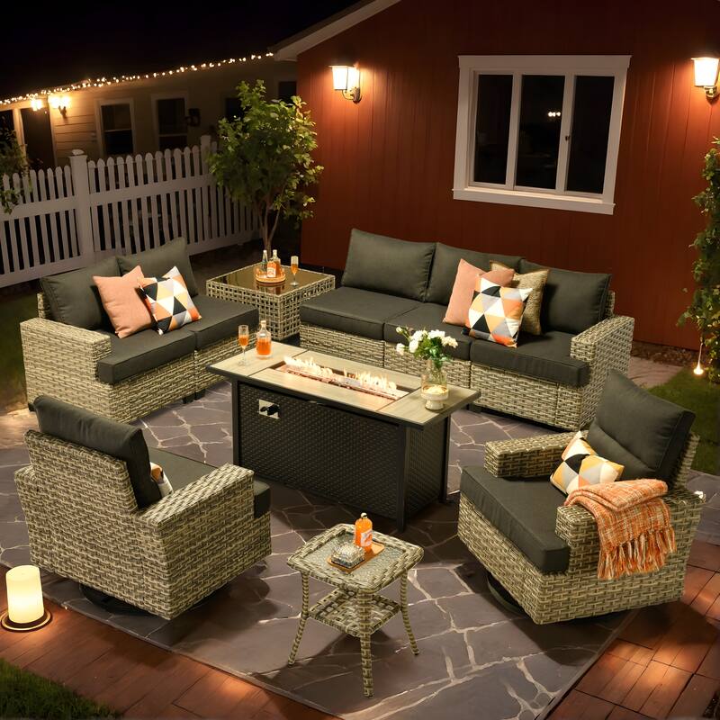 HOOOWOOO 10-piece Rattan Wicker Patio Outdoor Furniture Fire Pit Set with Swivel Rocking Chairs - Black