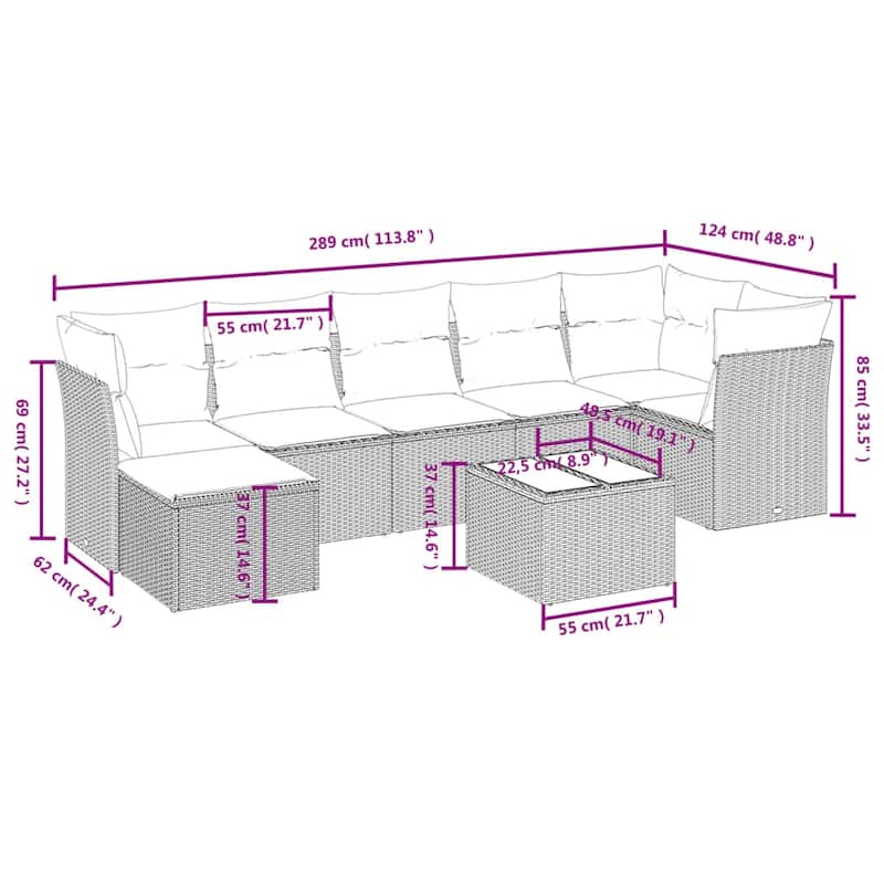 vidaXL Patio Sofa Set with Cushions Outdoor Conversation Furniture Poly Rattan - 24.4" x 24.4" x 27.2"