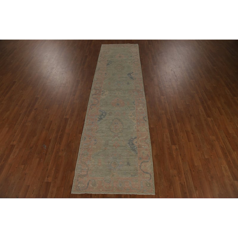 Vegetable Dye Green Oushak Turkish Runner Rug Handmade Wool Carpet - 3'2" x 12'0"
