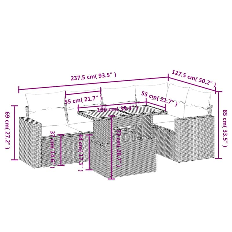 vidaXL Patio Sofa Set with Cushions Outdoor Furniture 6 Piece Poly Rattan - 24.4" x 24.4" x 27.2"