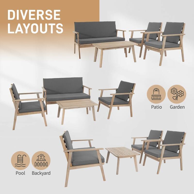 4 Piece Acacia Outdoor Patio Lounge Conversation Set with Soft Cushions and Coffee Table