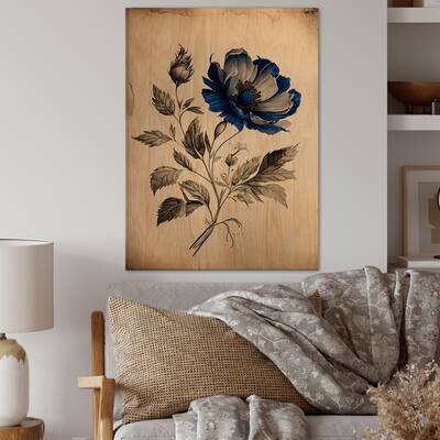 Designart 'Blue Vintage Flower Blooming IV' Floral Wood Wall Art - Natural Pine Wood