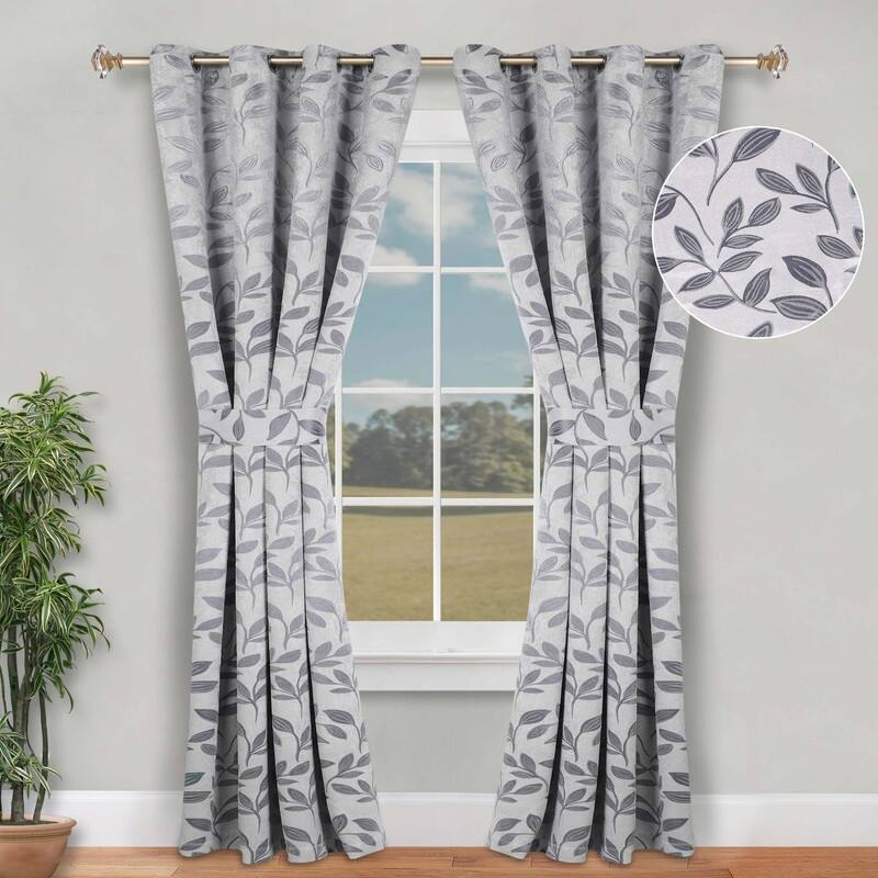 Superior Leaves Machine Washable Room Darkening Grommet With Ties Blackout Curtains, Set of 2