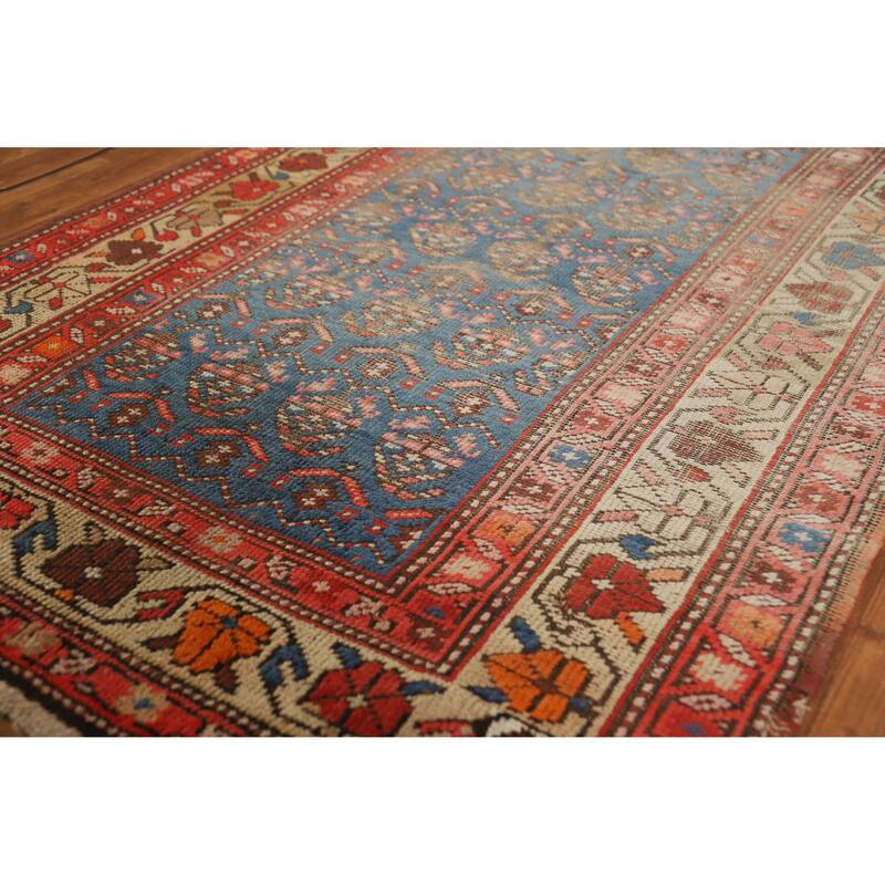 Hand Knotted Oriental 100% Wool Carpet Traditional Geometric Navy Blue & Blues Heriz Runner Rug - 15' 0'' X 3' 6''