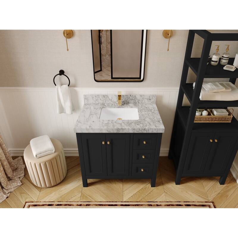 Willow Collections 36 in. W x 22 in. D Nashville Center Left Sink Bathroom Vanity with Countertop - 2”Carrara Marble - Black