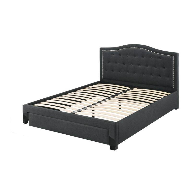Sey Queen Size Bed w Storage Drawers, Dark Gray Upholstered Headboard