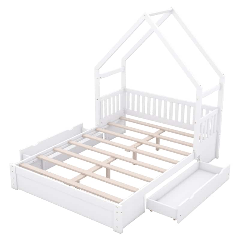 House Platform Bed with Guardrail and 2 Drawers