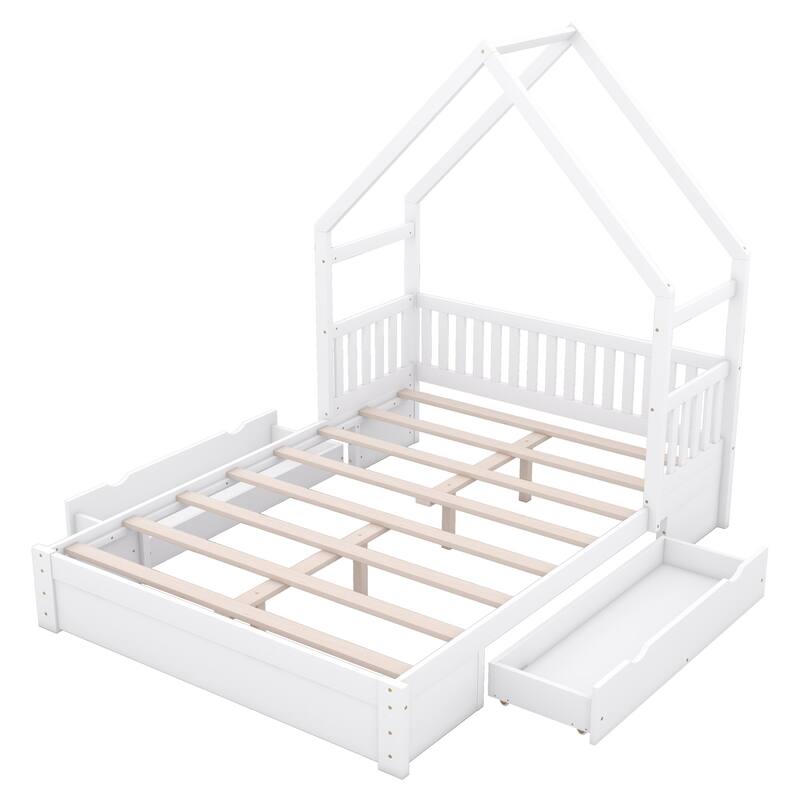 Queen House Bed with Safety Guardrail and Under-Bed Drawers for Storage - Ideal for Kids' Rooms, Small Space