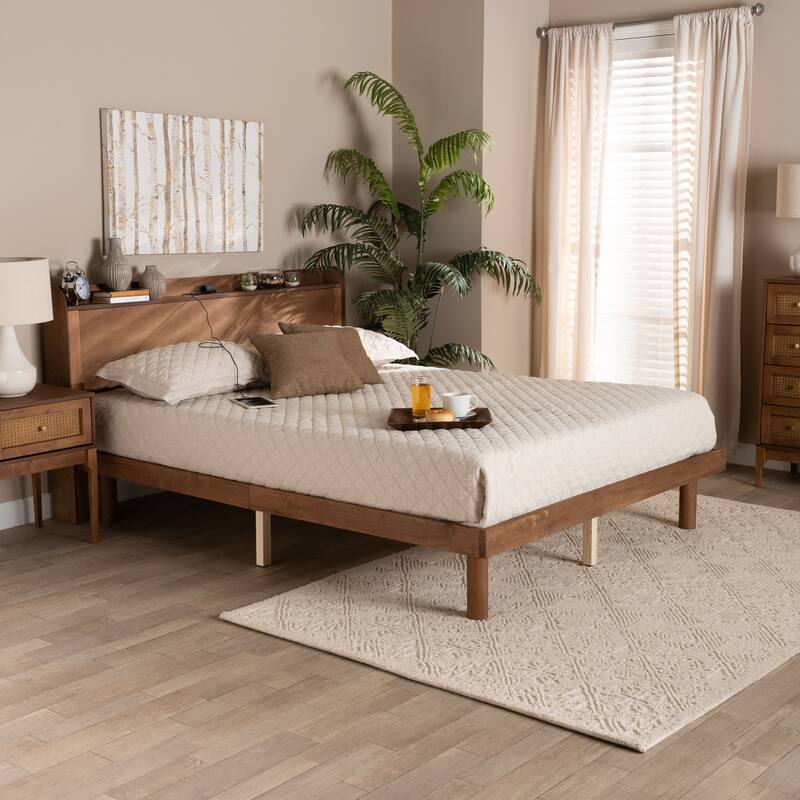 Full Size Platform Bed - Mid-Century Modern Wood Bed with Charging Station - Brown Finish