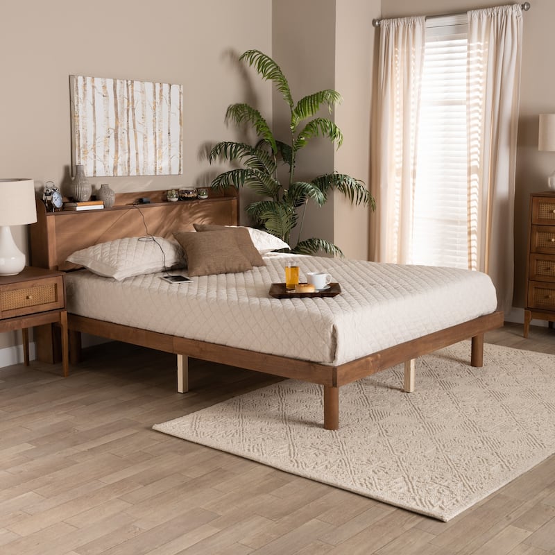 Mid-Century Modern Platform Bed - Walnut Brown Wood Bed Frame with Charging Station