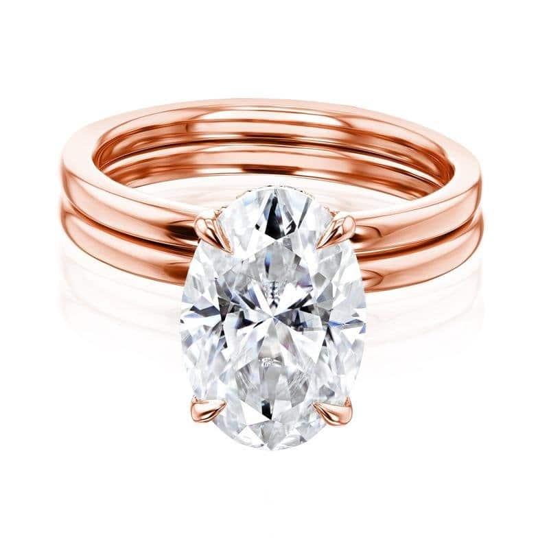 Kobelli Signature Collection 4.1 Carats Moissanite & Diamond 14k Solid Gold Oval Hidden Halo Plain Bands Orah 2pc Bridal Set - 5.5 - Rose
