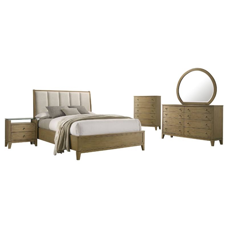 Heon 5pc Queen Bedroom Set, Beige Tufted Headboard, Natural Brown