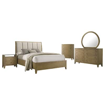 Heon 5pc Queen Bedroom Set, Beige Tufted Headboard, Natural Brown