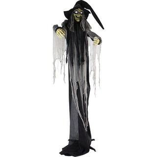 Haunted Hill Farm Life-Size Animatronic Witch, Indoor/Outdoor Halloween Decoration, Light-up White Eyes, Poseable