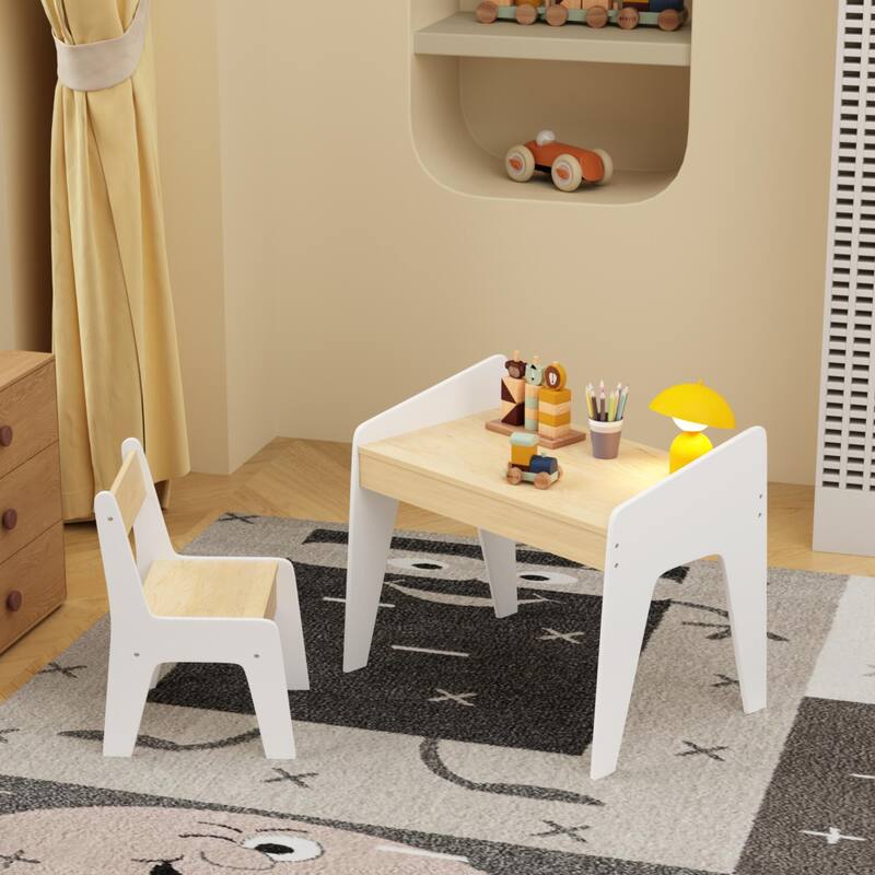 Kids Table Set with One Chair, Wooden Children Study Table, 2-8 Age Kids Funiture