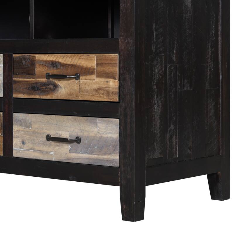 64" Distressed Wood TV Stand, 6 Drawer Storage & 3 Shelves, Cable Management - Farmhouse Style