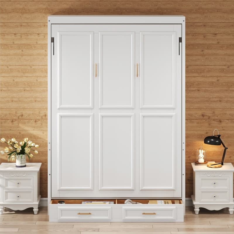 Full Size Murphy Bed with 2 Storage Drawers, Wooden Folding Bed Frame, Wardrobe Design Modern Wall Bed