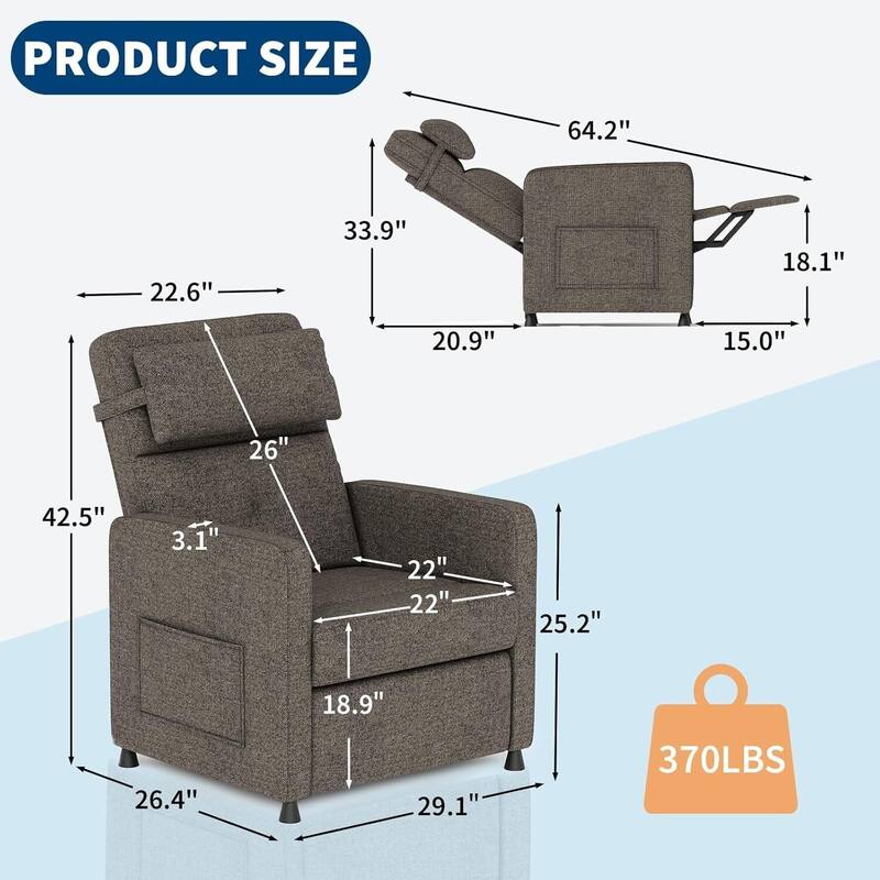 Power Recliner Chair, with 2 Side Pockets and USB Port