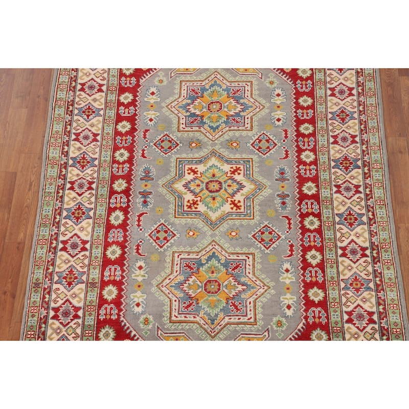 Gray Geometric Kazak Rug Hand-Knotted Oriental Wool Carpet - 5'1" x 6'9"