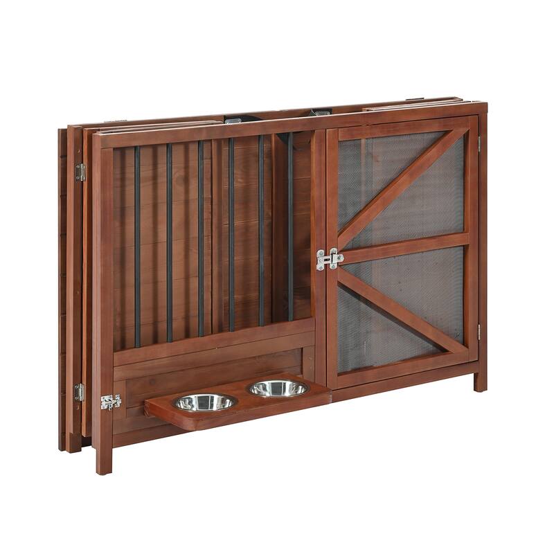 43" Solid Wood Dog Crate Furniture, Foldable Indoor Kennel with 360 Rotating Feeder for Small & Medium Dogs
