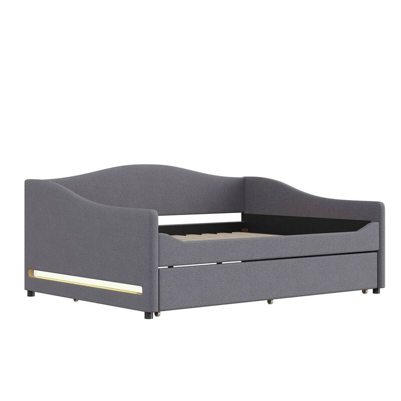 Full Size Upholstered Daybed with LED Light and Trundle