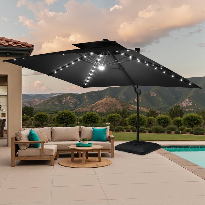 Outdoor Patio LED Lighted Cantilever Umbrella with 4-Piece Fillable Weighted Base - Black