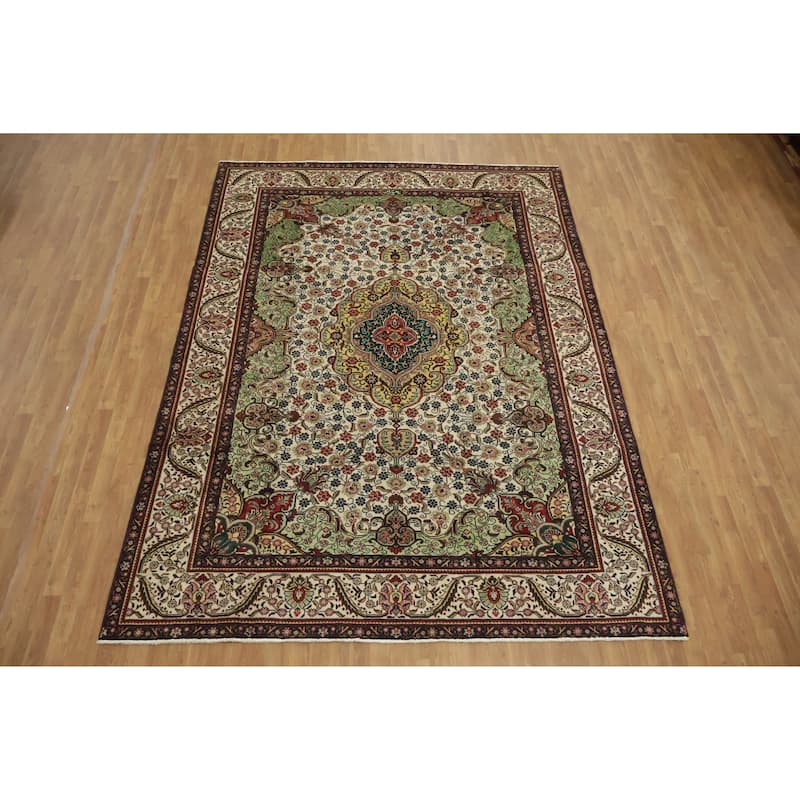 Hand Knotted Oriental 100% Wool Carpet Traditional Geometric Beige & Ivories Tabriz Area Rug - 11' 3'' X 8' 2''