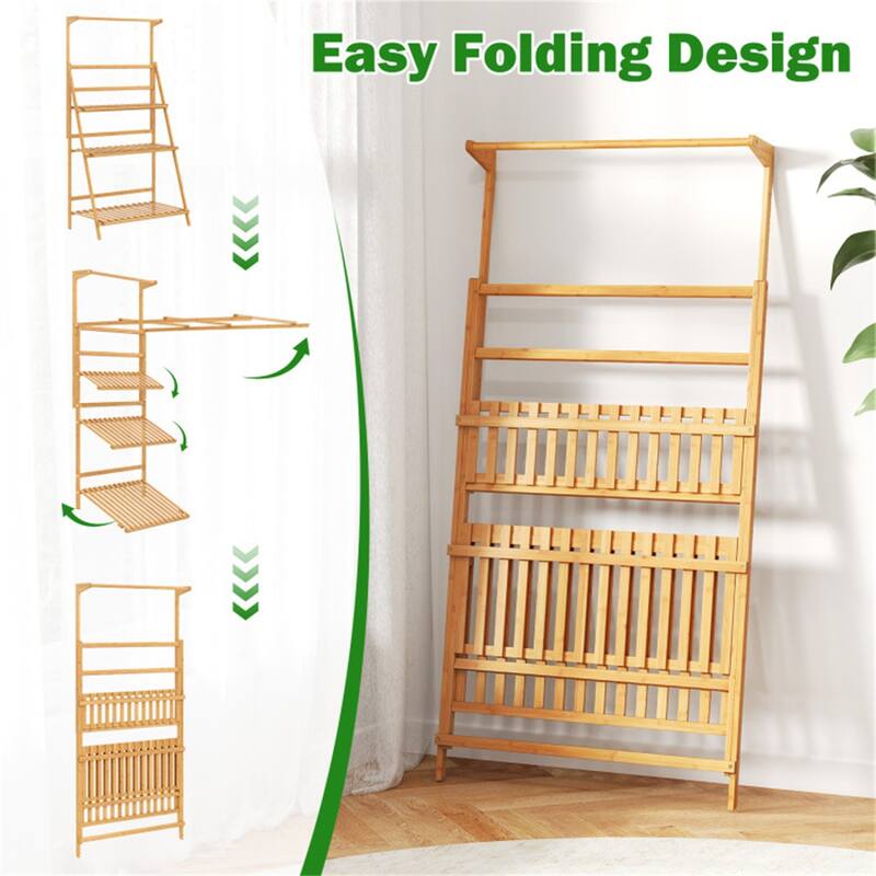 Natural Wicker Plant Stand with 3-Tier Ladder Shelves and Adjustable Hanging Rod for Indoor Plants - 28" x 16" x 47-56"