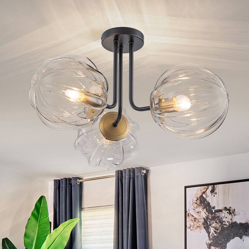 3-Light Contemporary Semi Flush Mount with Ripple Glass - Black & Gold