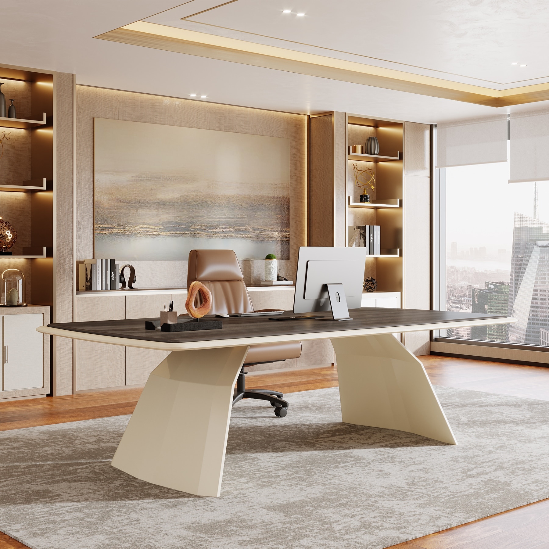 94.4-inch Luxury Executive Desk with Stainless Steel Base - White and Brown, image size:1800x1800