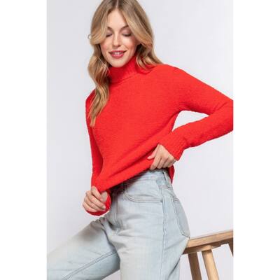 Orange Polyester Turtleneck Sweater Top with Long Sleeves