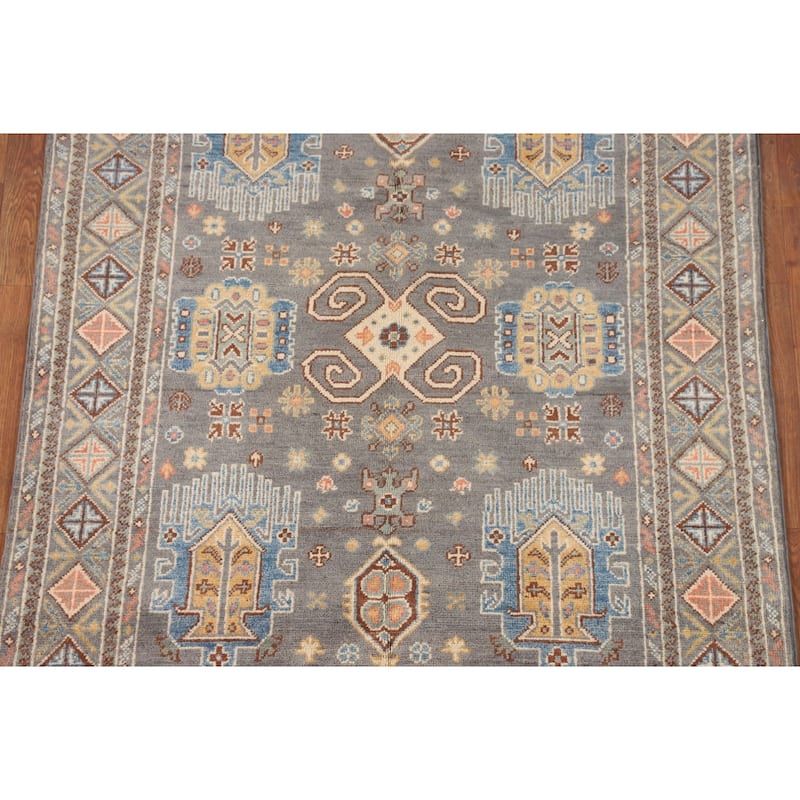 Traditional Kazak Oriental Area Rug Hand-Knotted Grey Wool Carpet - 4'1" x 6'2"