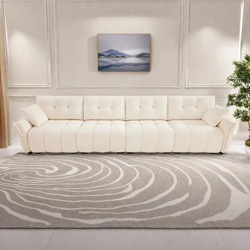141.7" Chenille 5-Seat Sofa with Tufted Design,High-Resilience Sponge Cushions - White
