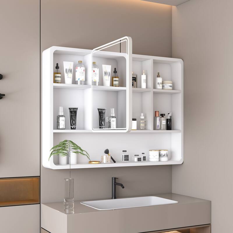 Bathroom Medicine Cabinet with LED Lighting, Defogger, Cosmetic Storage Rack & Hair Dryer Holder - 27.56X35.43 in