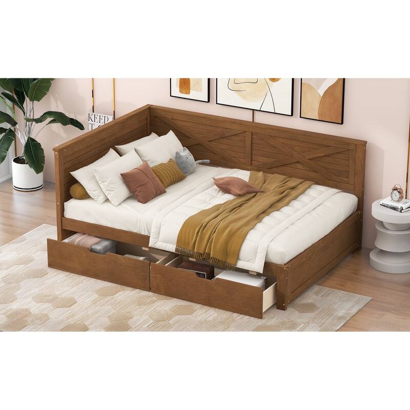 Twin Size Wood Daybed with 2 Drawers and Rustic Guardrail